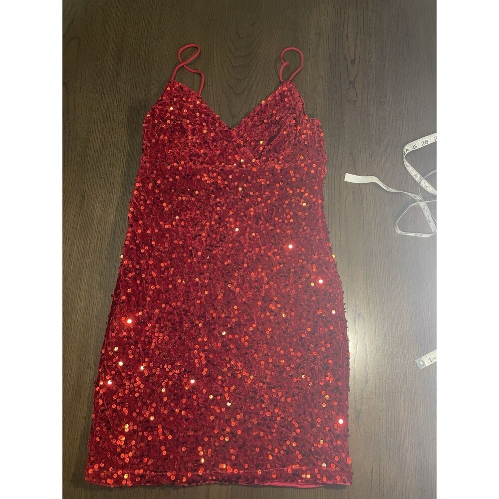 SHEIN Red Sequin Strappy Bodycon Mini Dress V Neck Sleeveless Size S
